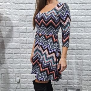 Black Multicolor Chevron Dress with Three Quarter Sleeves and Crochet Ba…